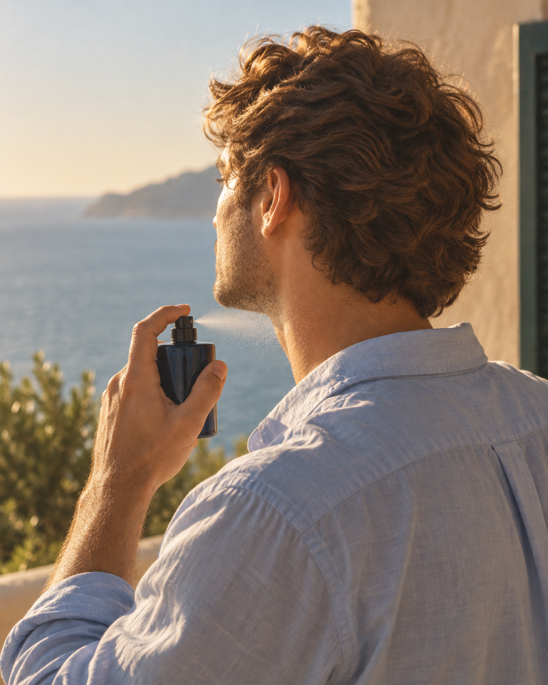 Riviera-inspired campaign portrait of a man applying his chosen perfume