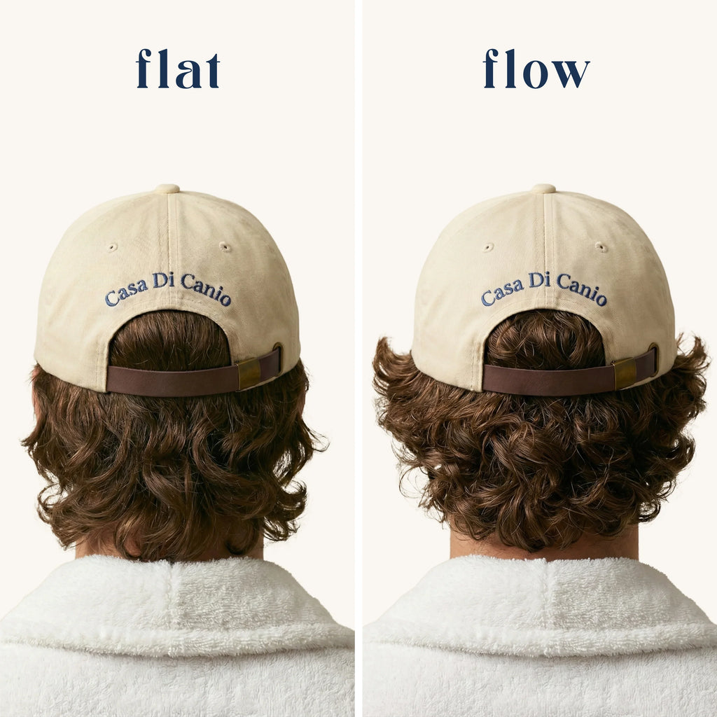 Beige cap with 'Casa Di Canio' branding worn by a person, showing the cap in 'flat' and 'flow' positions.
