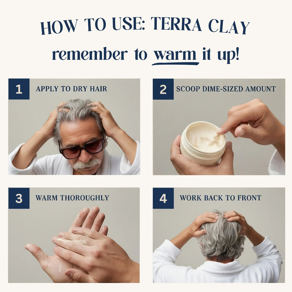 Instructions on how to use Terra Clay, including application to dry hair and warming it up.